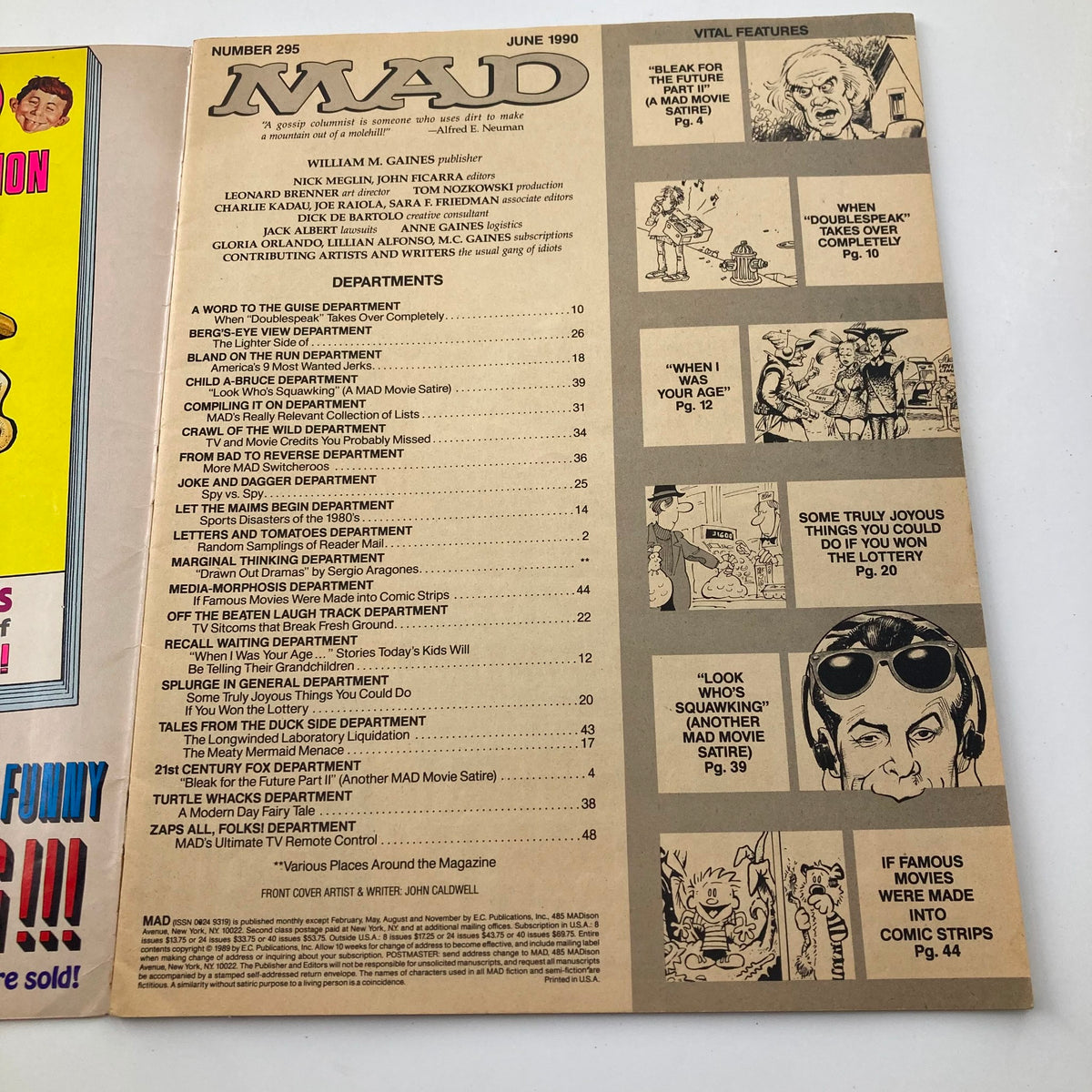 Inside page of Mad Magazine June 1990 No. 295 featuring the table of contents, listing various comedic departments and features.