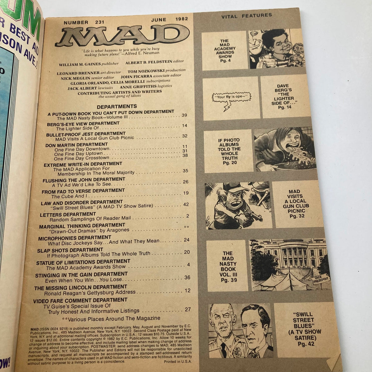 Inside page of Mad Magazine June 1982 No. 231 displaying the table of contents and vital features highlighting the magazine's satirical articles and cartoons.