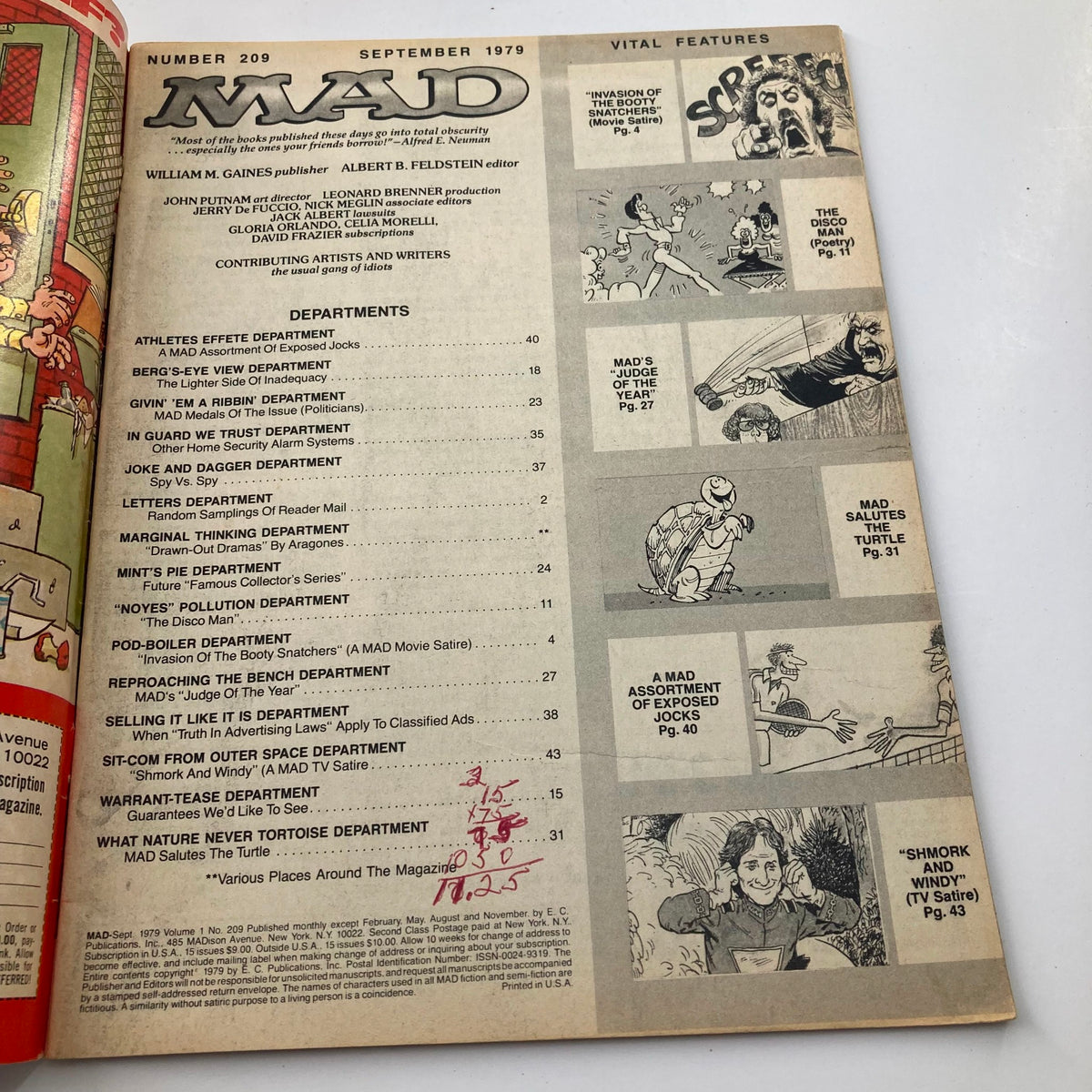 Table of contents page from Mad Magazine September 1979, No. 209, listing various comedic features and satirical articles, showcasing the magazine's vintage style and humor.