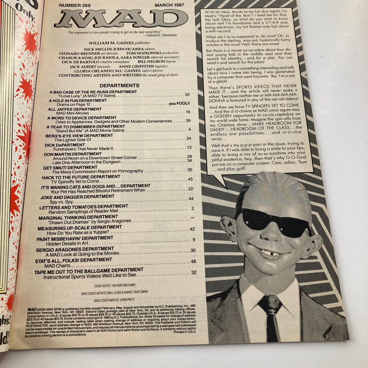 Inside page of Mad Magazine March 1987 No. 269 displaying the table of contents, featuring articles and departments that reflect the satirical style and comedic tone of the magazine.