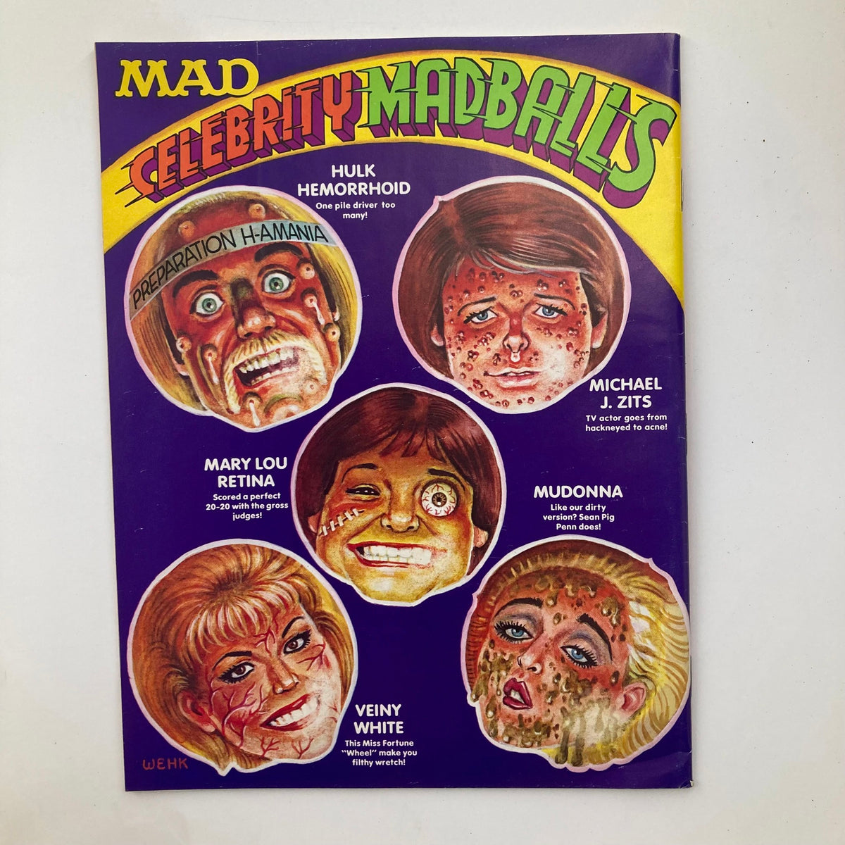 Cover of Mad Magazine Celebrity Madballs featuring humorous caricatures of celebrities with exaggerated features and funny descriptions, showcasing the magazine's playful and irreverent style.