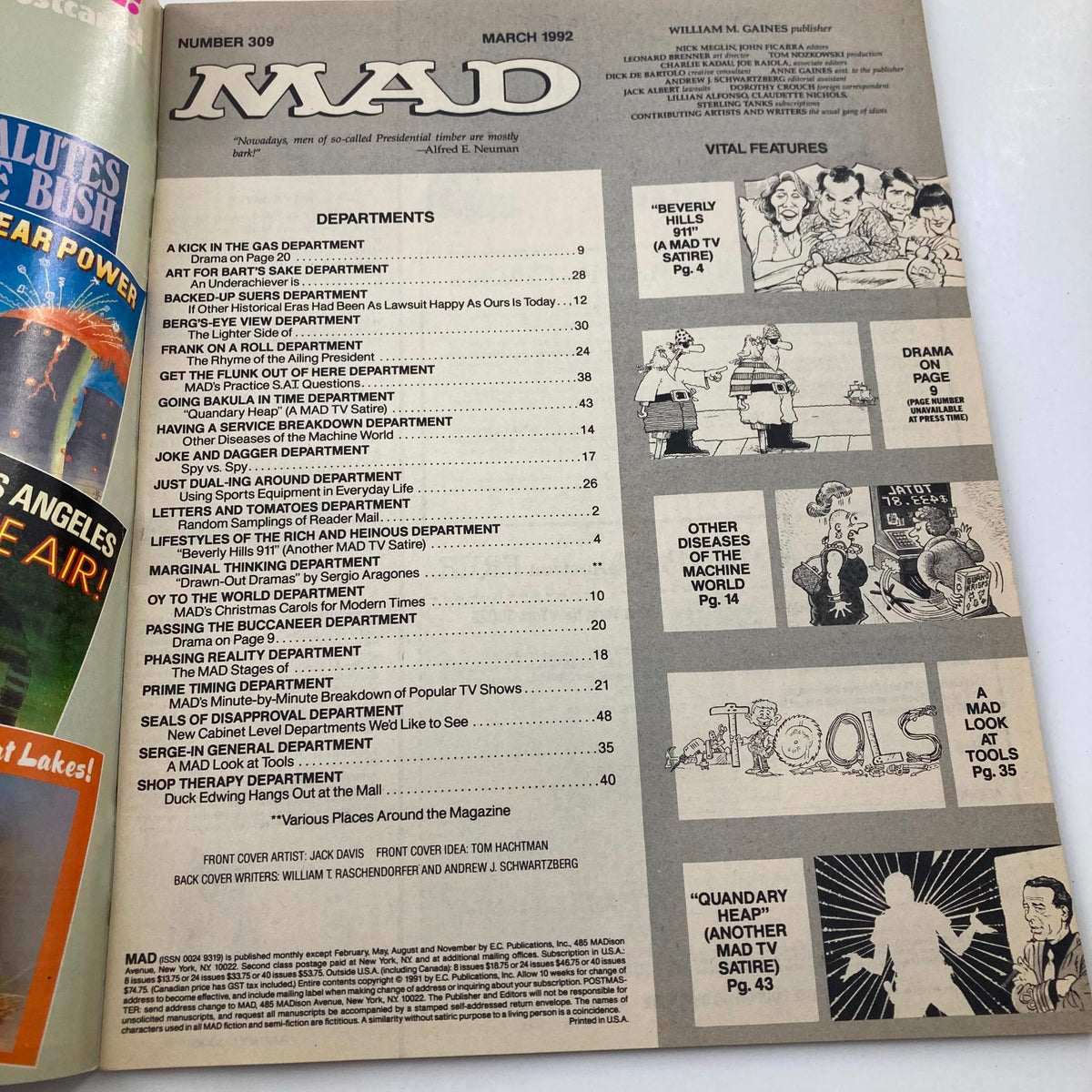 Contents page of Mad Magazine March 1992 No. 309, listing various departments and features, highlighting satirical content related to Beverly Hills 90210.