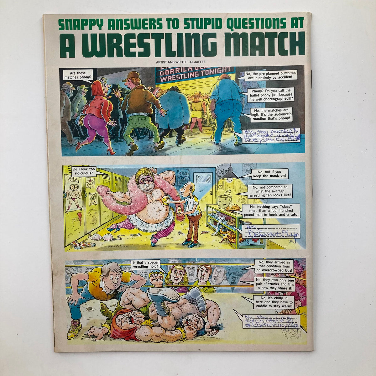Comic panel from Mad Magazine July 1991 No. 304, depicting a humorous scene titled 'Snappy Answers to Stupid Questions at a Wrestling Match' with cartoonish characters and funny dialogue.