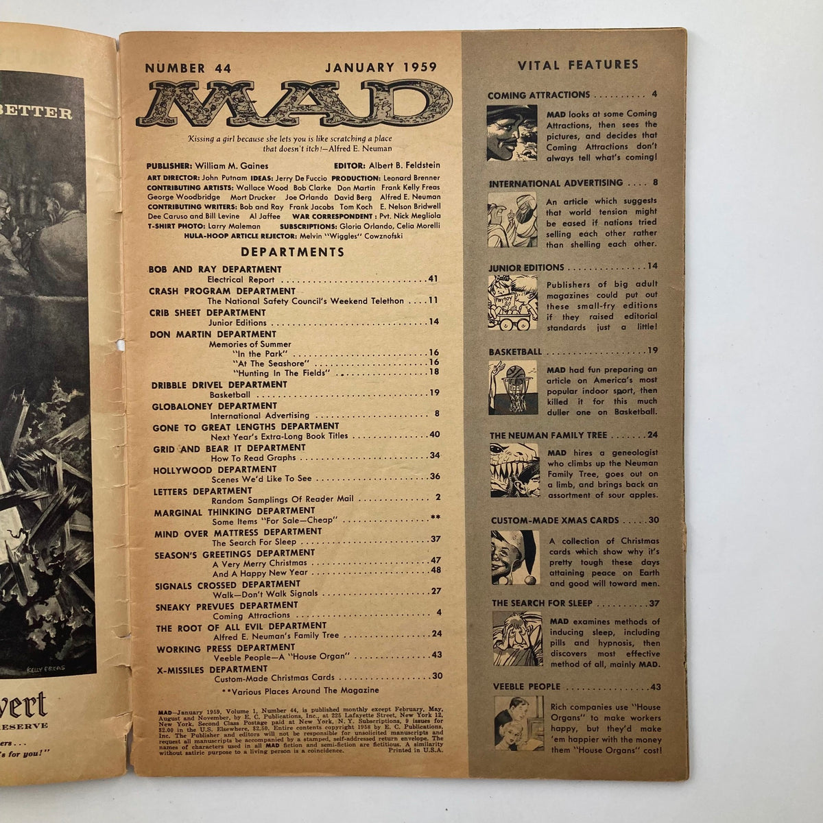 Inside page of Mad Magazine January 1959 No. 44 displaying contents and departments, highlighting its interesting features and comedic articles.