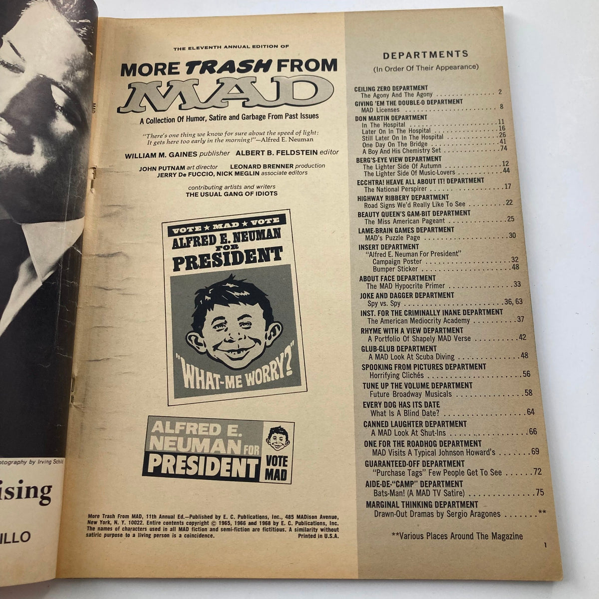 Interior page of Mad Magazine 1968 11th Annual Edition displaying the table of contents and artwork featuring Alfred E. Neuman, providing insight into the content of the issue.