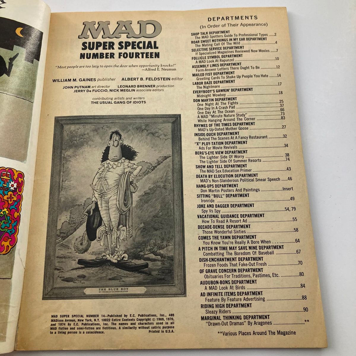Inside page of Mad Magazine 1974 Super Special No. 14: The Blue Boy featuring a list of departments and contributions, displaying the magazine's unique content and editorial team.