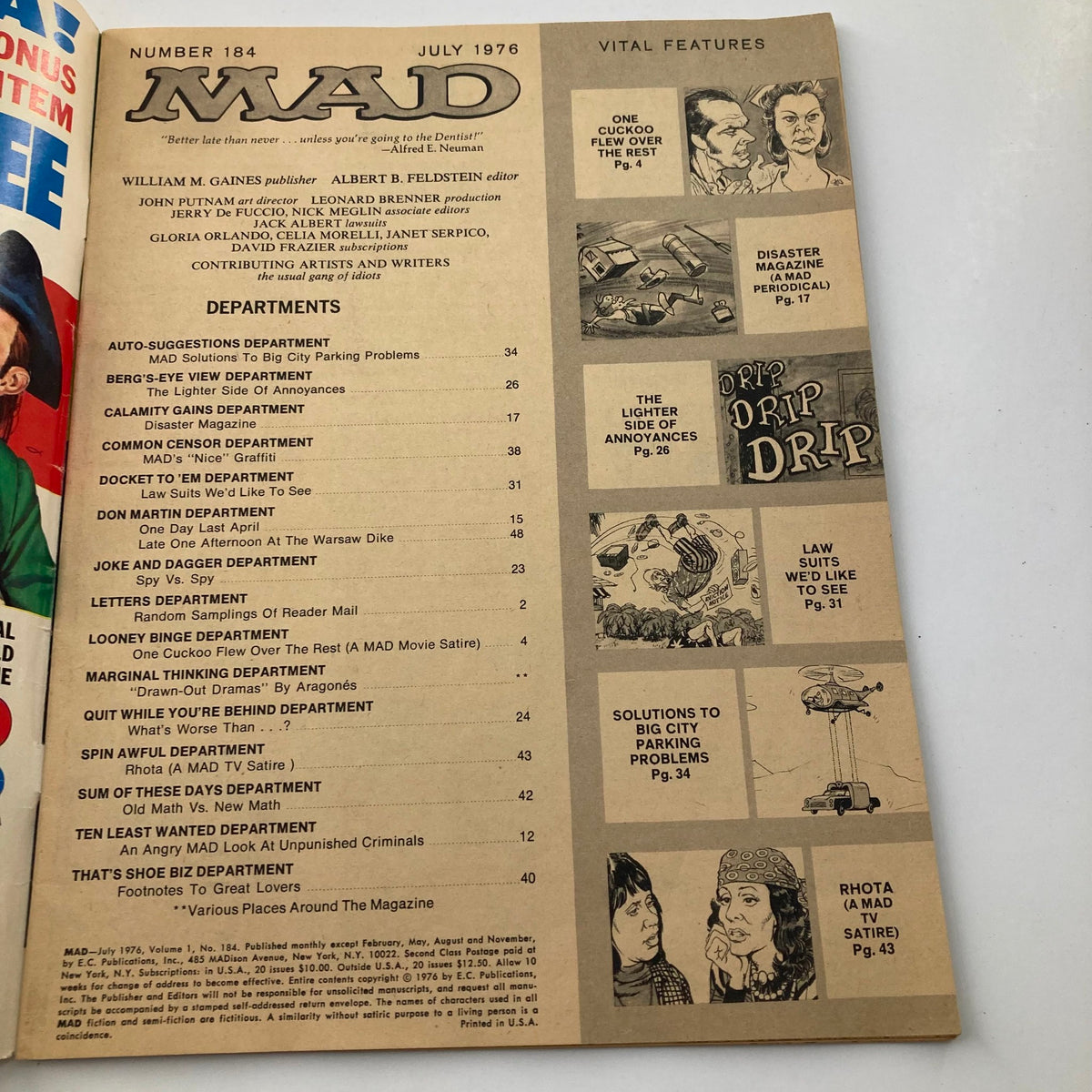 Interior page of Mad Magazine July 1976 No. 184 displaying the table of contents, highlighting various departments and features of the magazine.