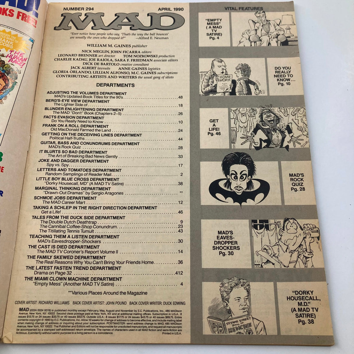 Table of contents from Mad Magazine April 1990 No. 294, showcasing various departments, including humor and comic satire articles. Useful for collectors looking to explore magazine features.