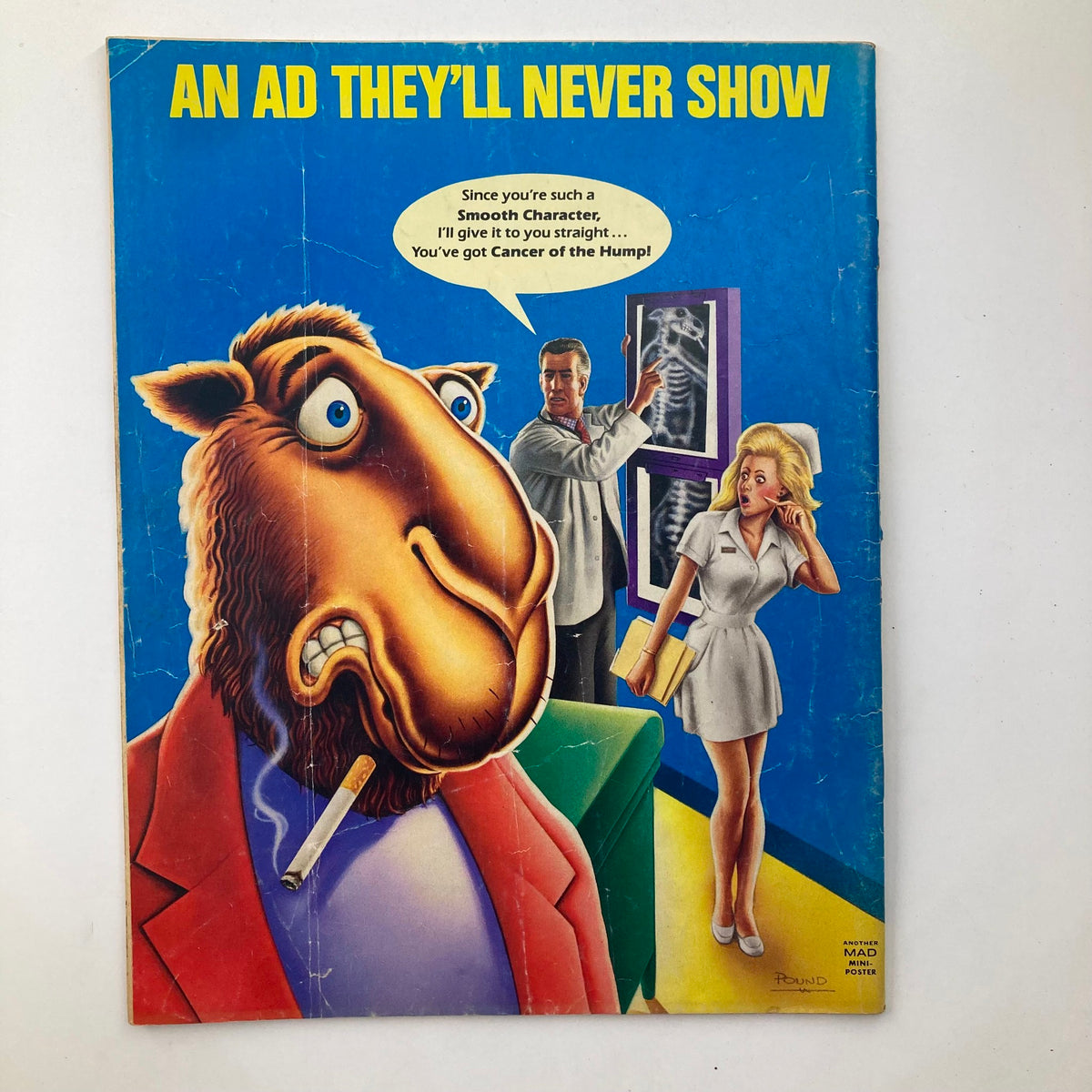 Back cover of Mad Magazine April 1990 No. 294 featuring a humorous illustration depicting a character in distress with a medical diagnosis. A unique piece of comedic artwork from this vintage magazine.
