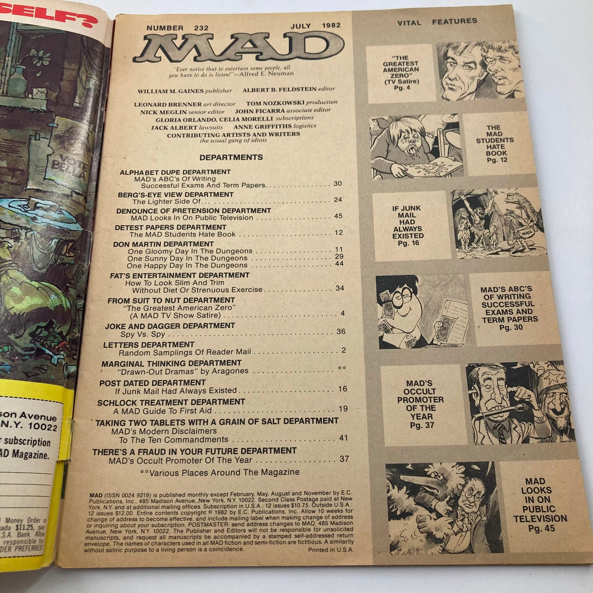 Table of contents page from Mad Magazine July 1982 No. 232, listing various departments and features, including amusing articles and comic strips.