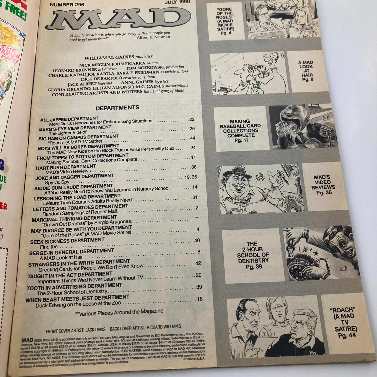 Inside page of Mad Magazine July 1990, Issue No. 296 showcasing the table of contents with sections including jokes, parodies, and various features. Vintage collectible for humor enthusiasts.