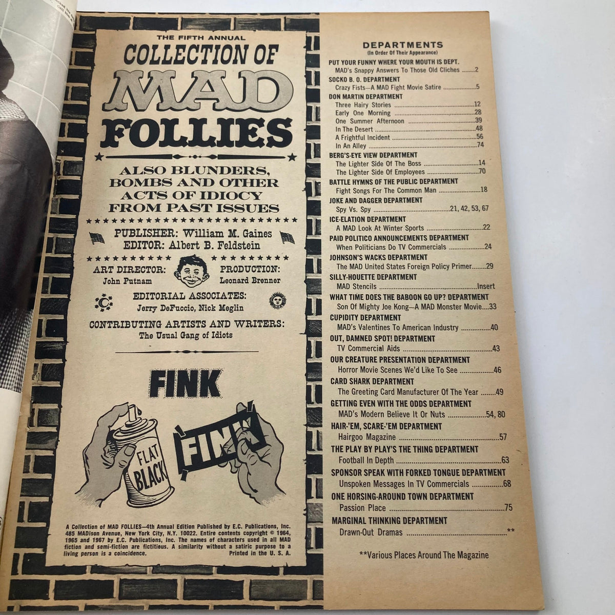 Inside page of Mad Magazine 1967 5th Annual Collection of Mad Follies displaying the contents and editorial details, highlighting various comedic departments and listings.