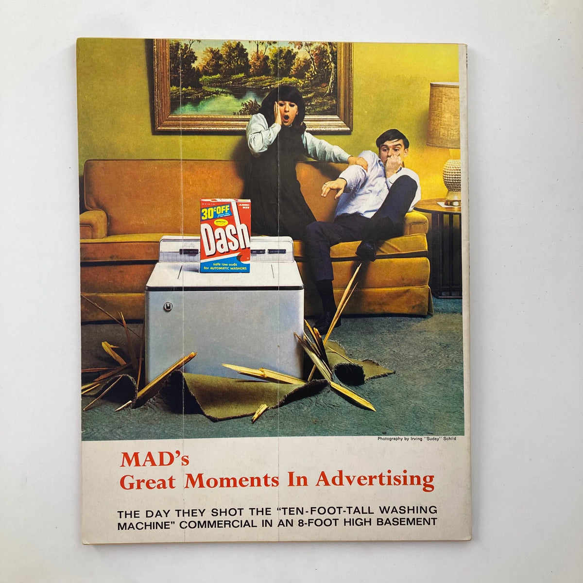 Back cover of Mad Magazine 1967 5th Annual Collection of Mad Follies featuring a humorous advertisement with characters reacting comically to a product, illustrating the magazine's playful satire.