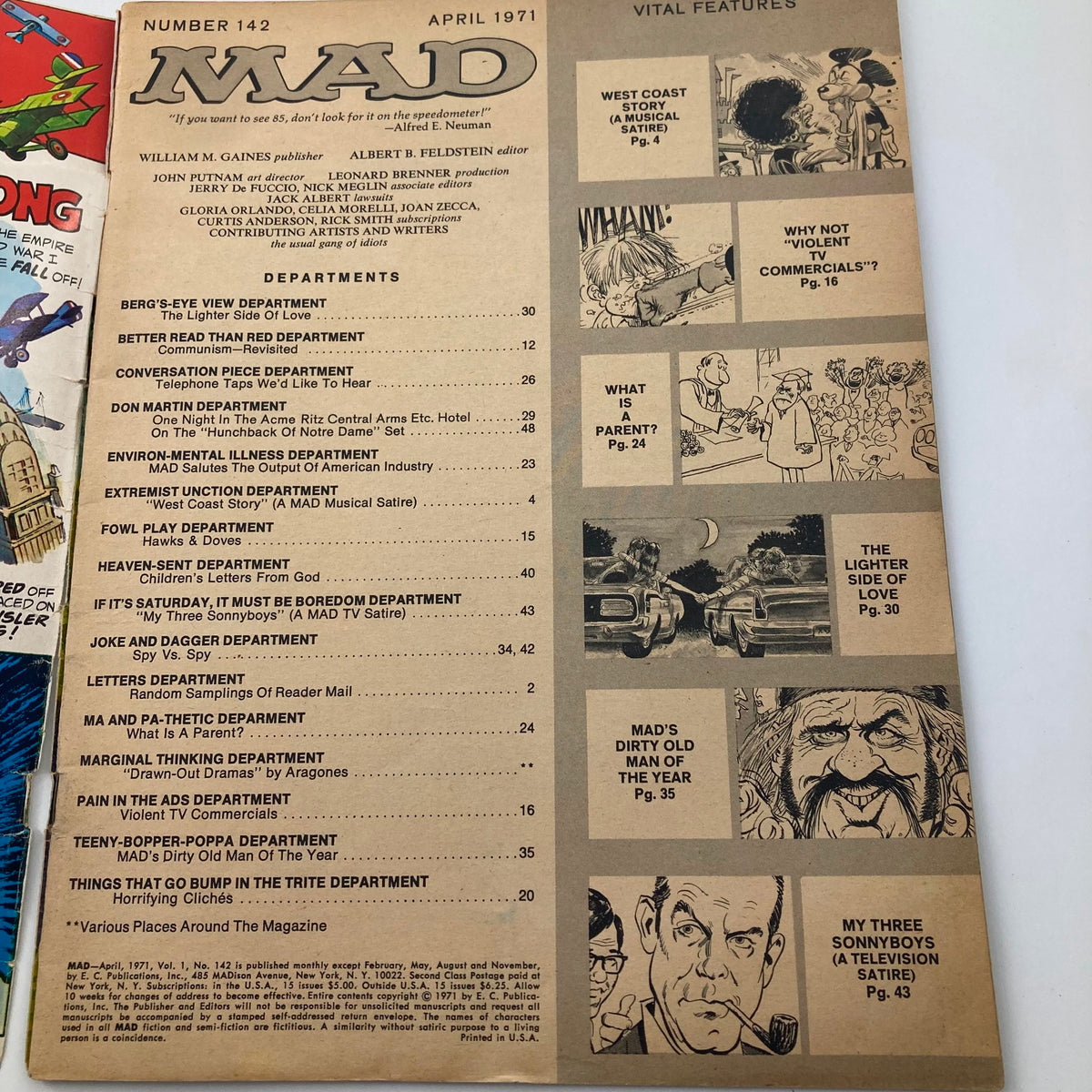 Inside page of Mad Magazine April 1971 No. 142 displaying the table of contents, listing various satirical sections and features contributing to the issue's comedic commentary on contemporary culture.