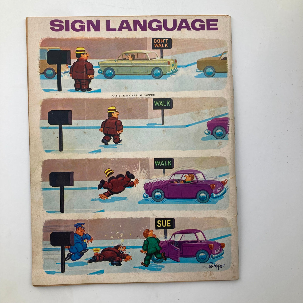 Back cover of Mad Magazine April 1971 No. 142 featuring a humorous comic strip titled 'Sign Language' by artist Al Jaffee, illustrating comical scenarios related to pedestrian signals.
