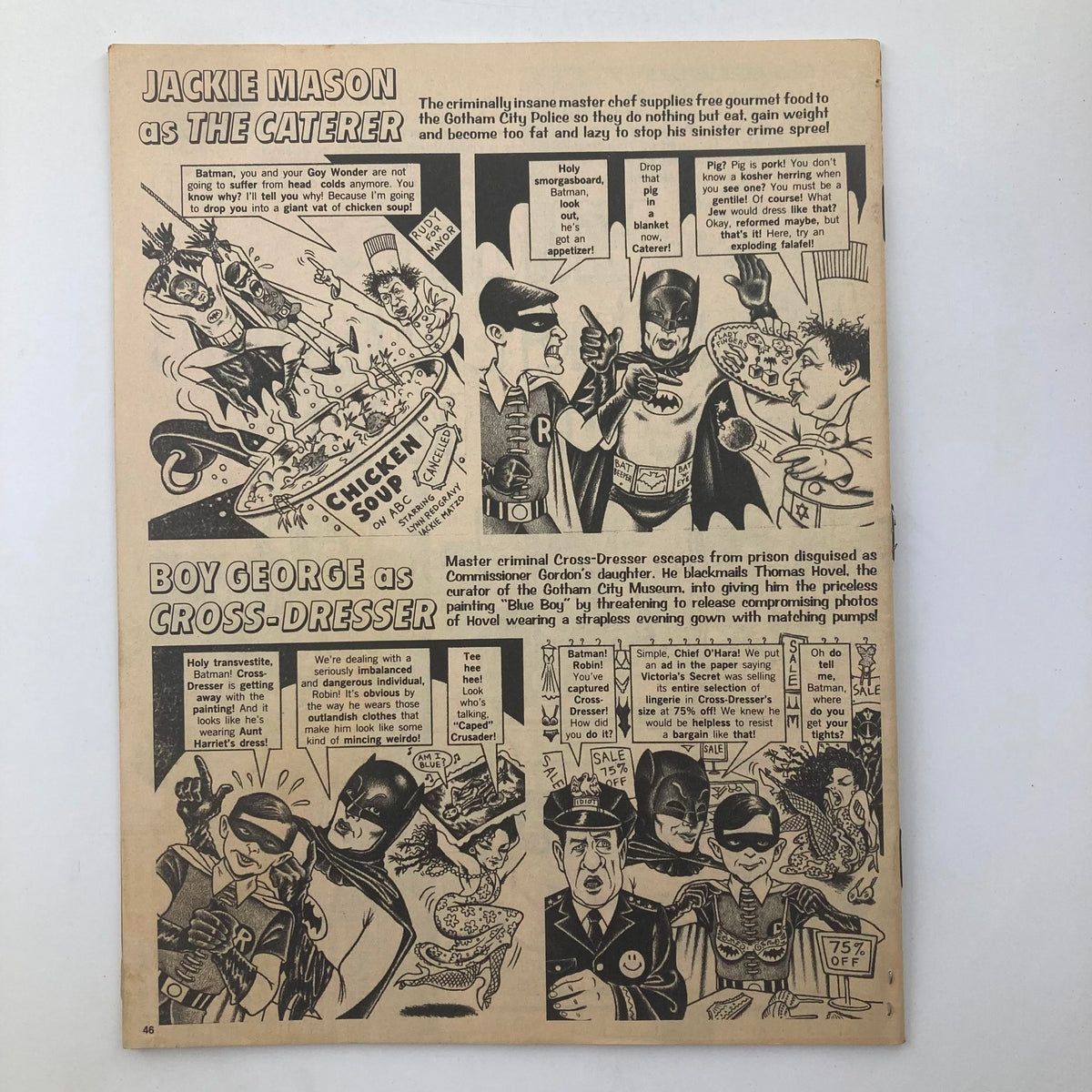 The back cover of Mad Magazine October 1990 No. 298, featuring humorous comic art and satire including characters like Batman in a comedic scene. A unique piece for collectors of retro humor and pop culture.