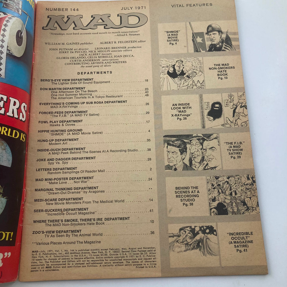 Mad Magazine July 1971 No. 144 featuring Alfred E. Neuman, displaying the content and departments of the magazine, showcasing its vintage appeal and iconic humor.