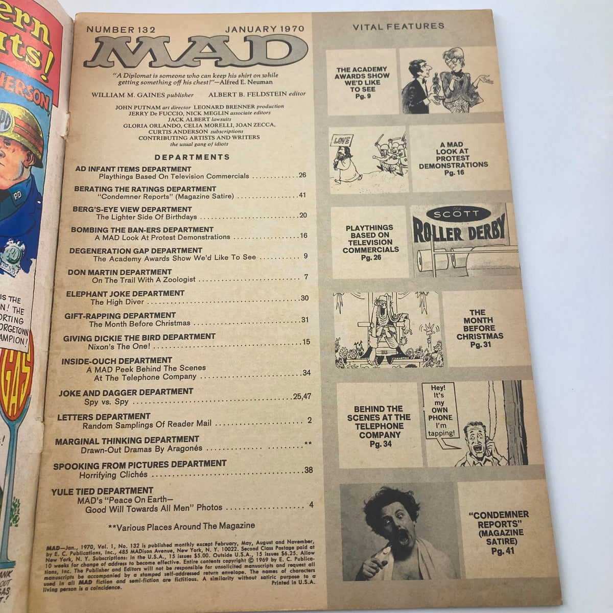 Contents page of Mad Magazine January 1970 No. 132, listing various witty departments and features, capturing the essence of the magazine's humorous commentary and satire.