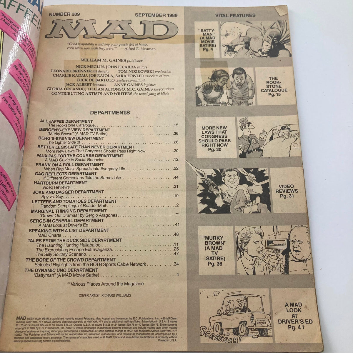 Inside page of Mad Magazine September 1989 No. 289 showing contents and departments, reflecting the comic’s vintage style and humor.