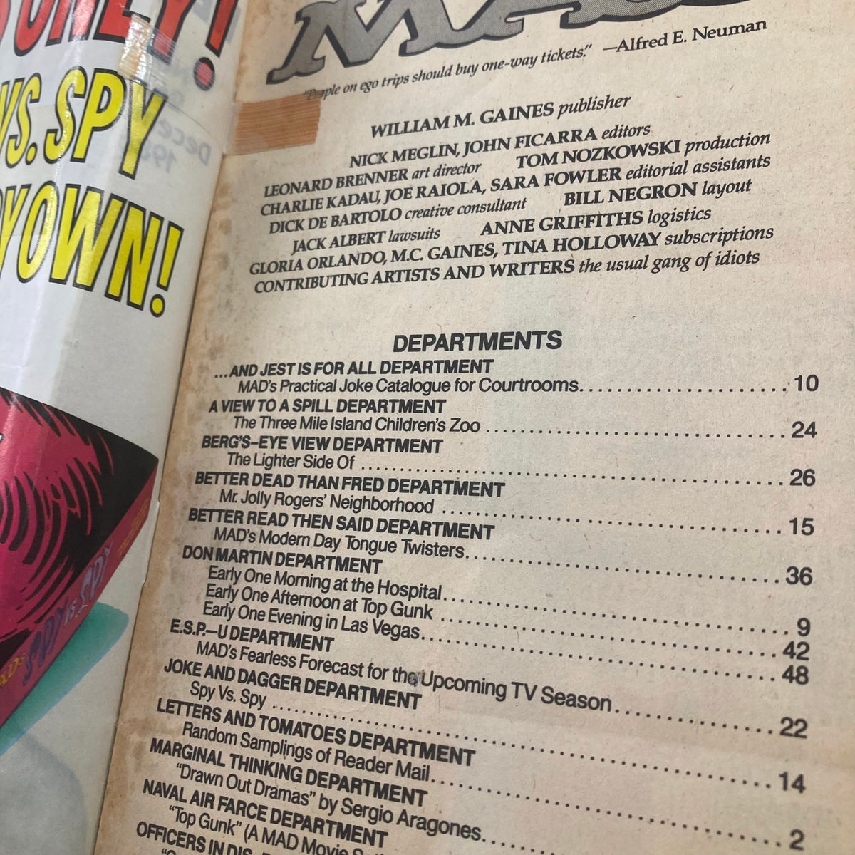 Another view of the table of contents from Mad Magazine December 1986 No. 267, highlighting different departments such as 'Joke and Dagger' and 'Nautical Air Force Department.'