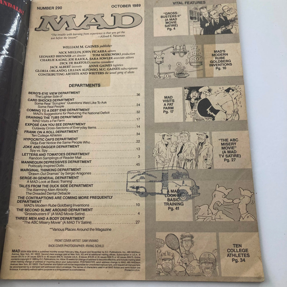 Interior page of Mad Magazine October 1989 No. 290 displaying the table of contents, highlighting various departments and features including satire on Ghostbusters II.