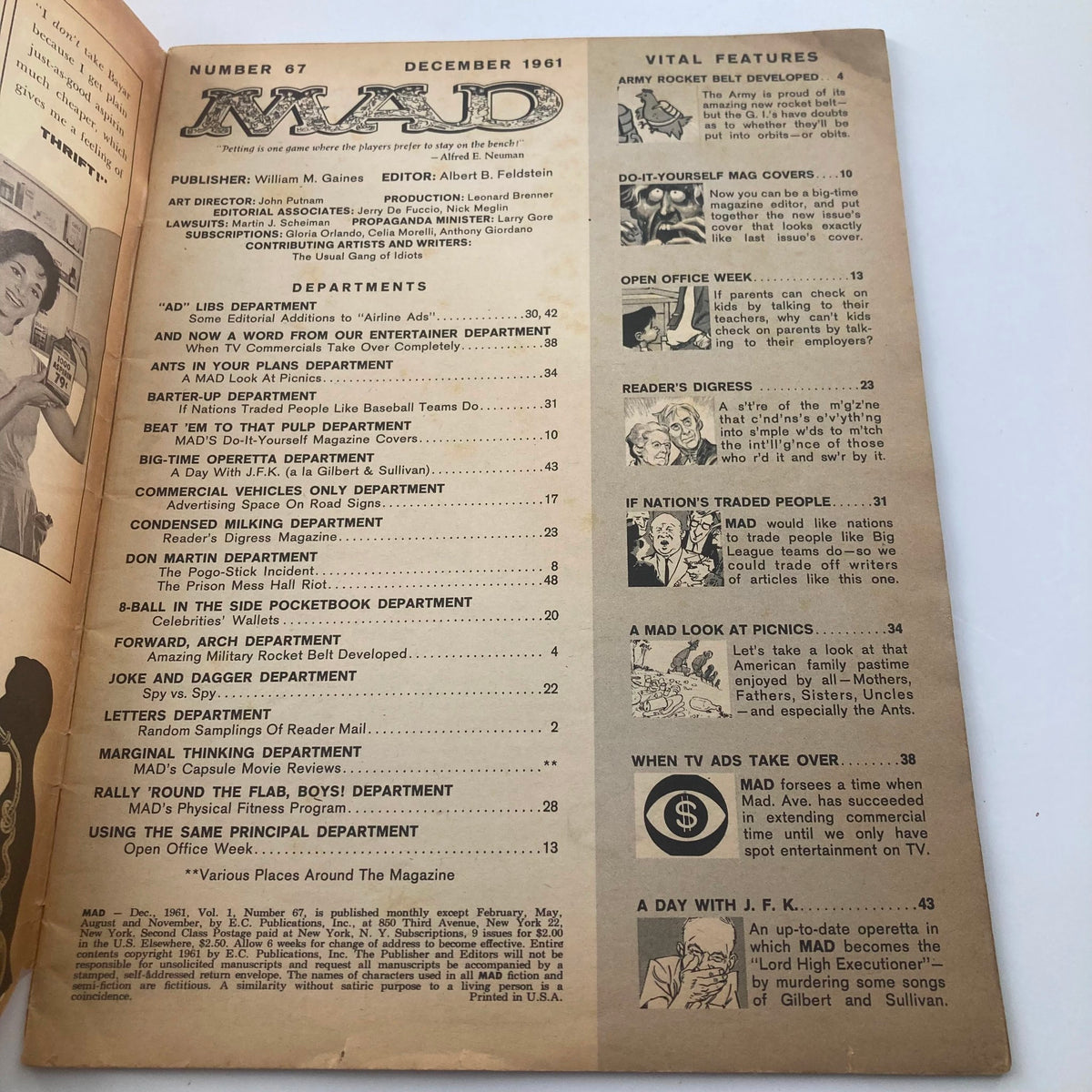 Interior page of Mad Magazine December 1961 No. 67 showcasing the table of contents and sections including 'A Day with J.F.K.' and features on humor and satire.