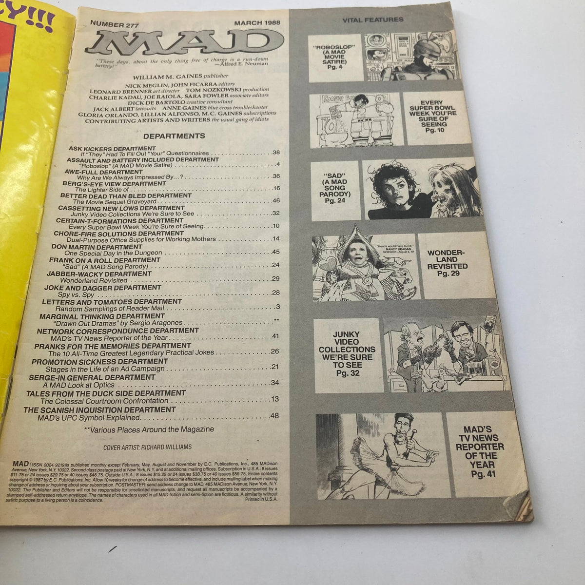 Interior page from Mad Magazine March 1988 No. 277 displaying the table of contents, highlighting various comic features and sections.