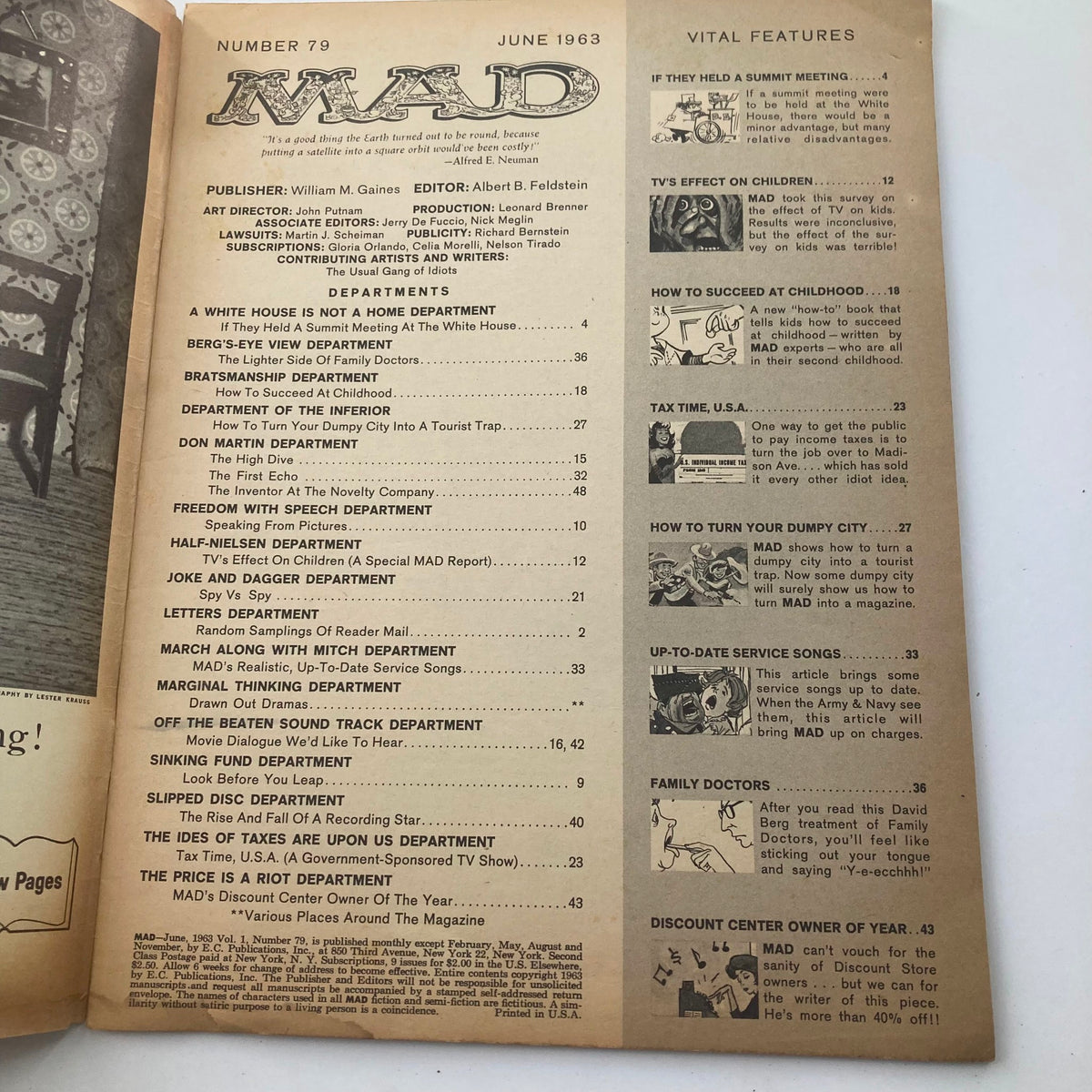 Interior page of Mad Magazine June 1963 No. 79 with the table of contents and list of features for the Mother's Day Issue.