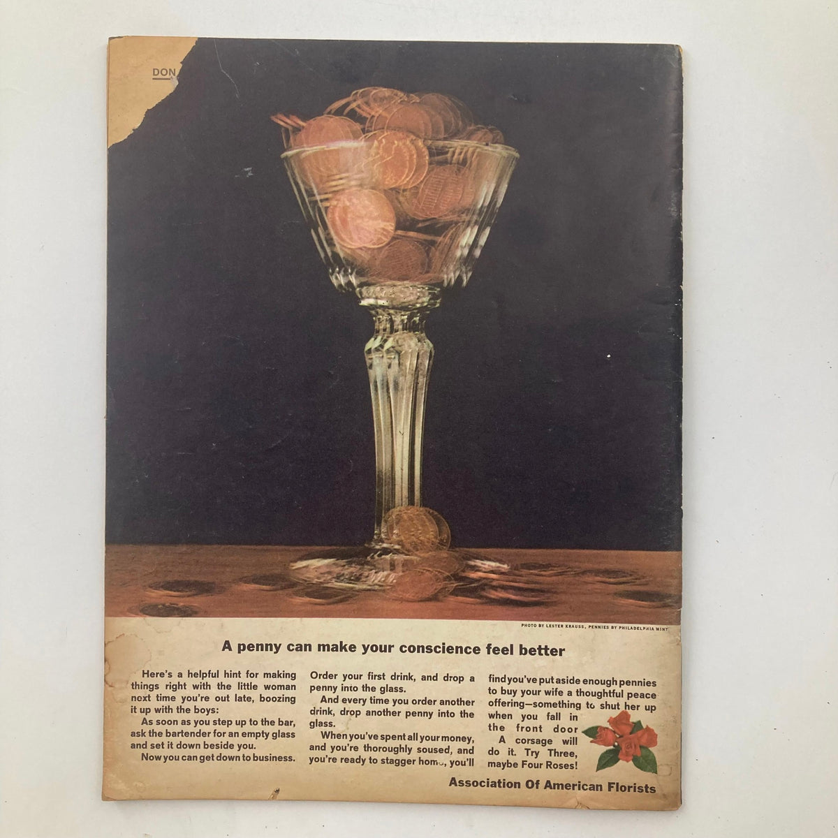 Back cover of Mad Magazine June 1963 No. 79, Mother's Day Issue showing a decorative glass filled with coins and humorous text.
