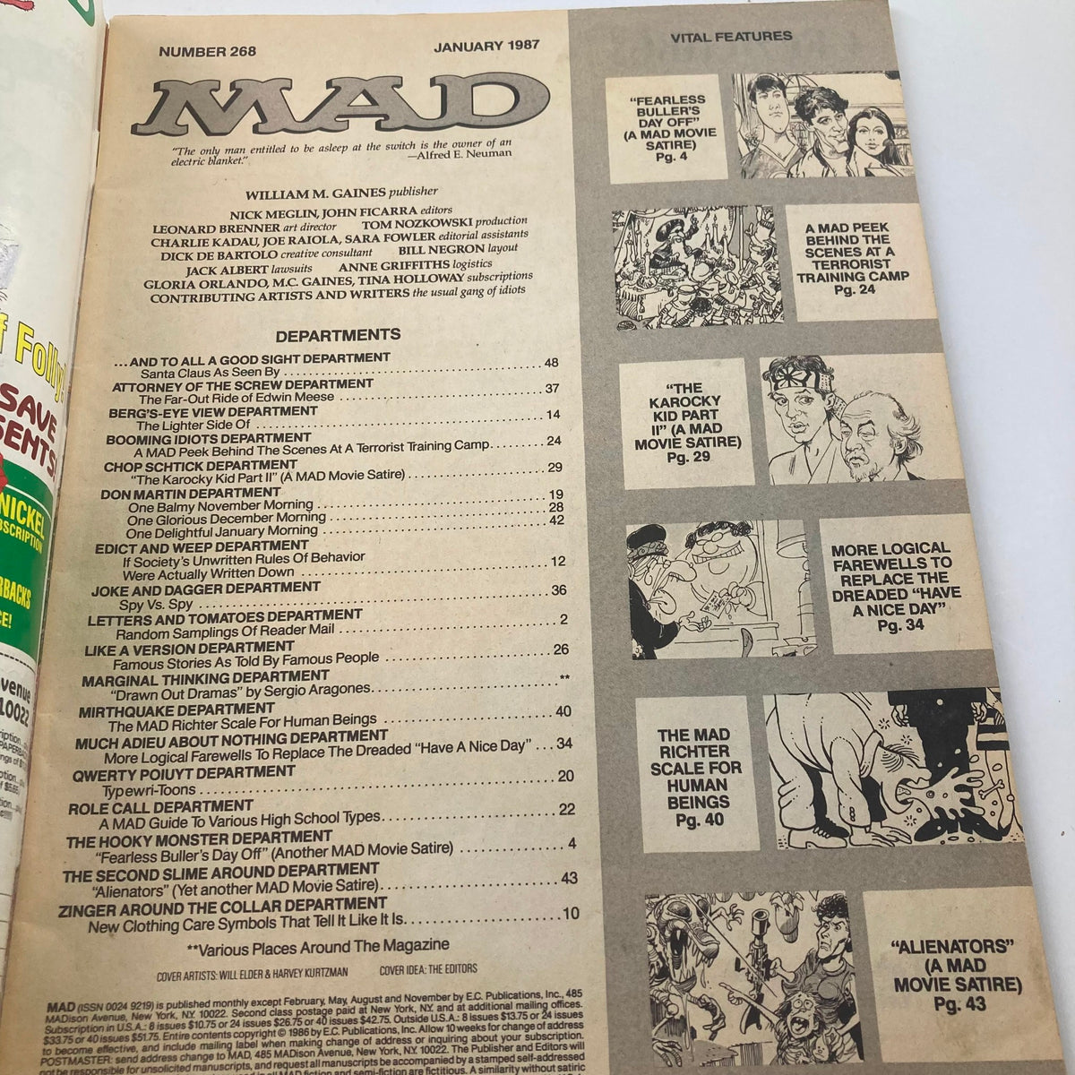 Inside page of Mad Magazine January 1987 No. 268 displaying the table of contents and vital features, highlighting satirical articles and included humor.