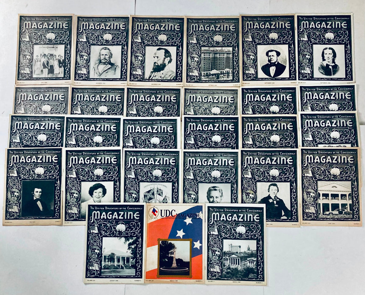 Collection of 27 vintage issues of The United Daughters of The Confederacy Magazine featuring iconic covers and historical figures from Southern heritage.