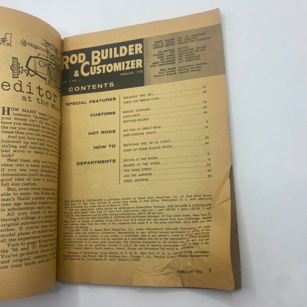 Interior page of Rod Builder & Customizer Magazine February 1958, detailing contents including features on customs and hot rods, reflecting vintage automotive craftsmanship.