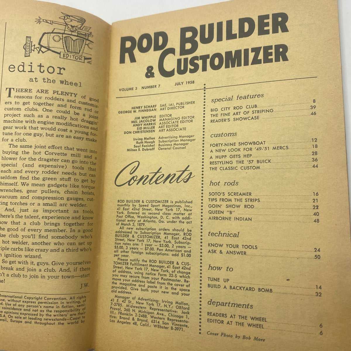Contents page of VTG Rod Builder & Customizer Magazine July 1958, listing articles on rod customization, tools, and hot rod techniques.