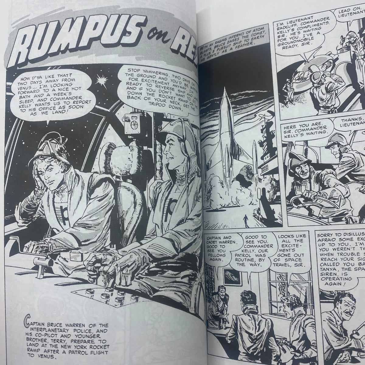 Another interior page of the 1994 Golden-Age Greats Thrilling Science Fiction by Bill Black comic book, showcasing characters in a spaceship preparing for a space mission.