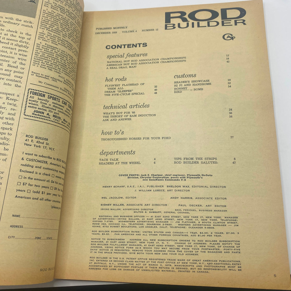 Contents page of VTG Rod Builder Magazine December 1959 detailing sections on hot rods, technical articles, and features including the Sonoramic Commando V-8.