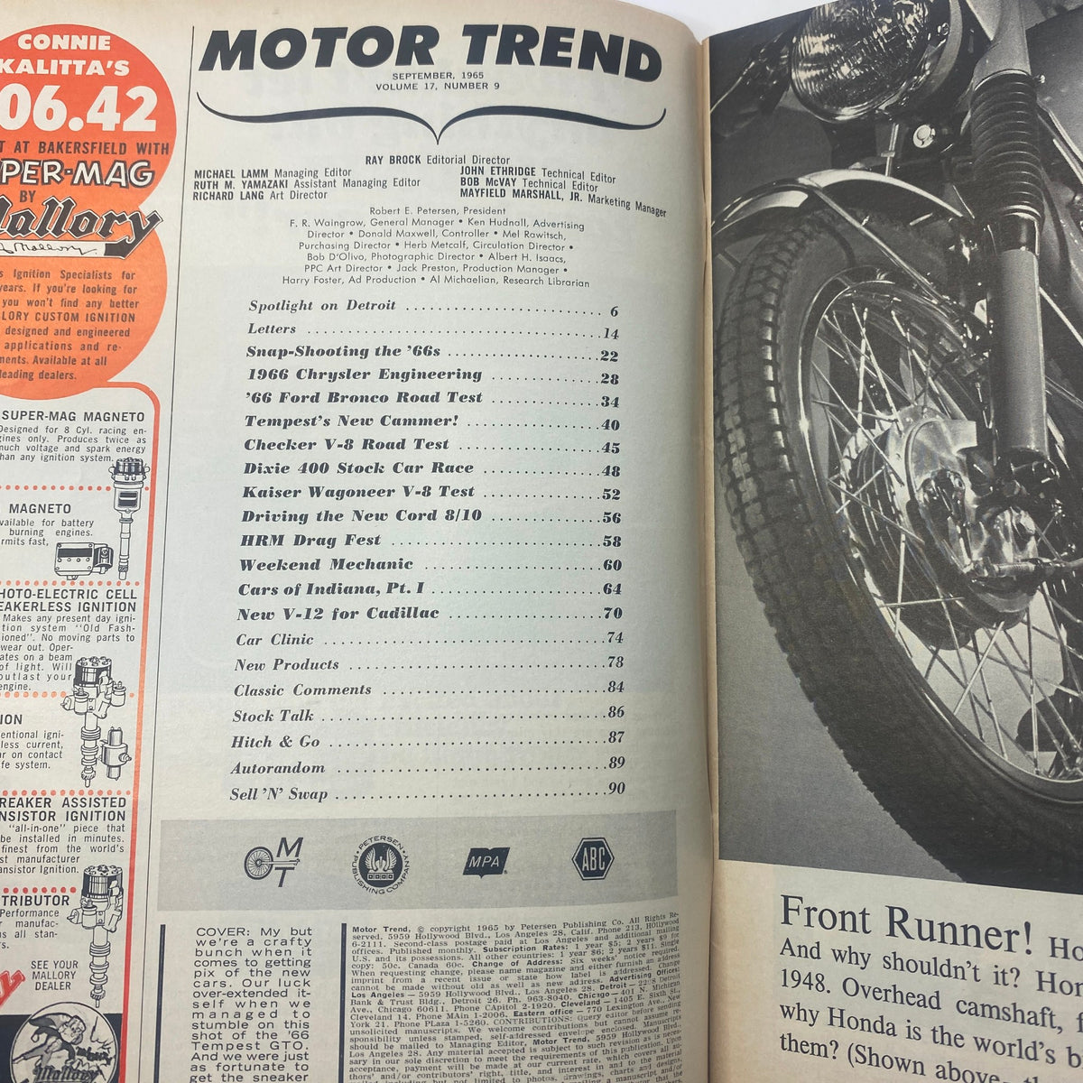 Interior page of VTG Motor Trend Magazine September 1965, Table of Contents highlighting articles on 1966 cars including Ford's '66 Bronco.