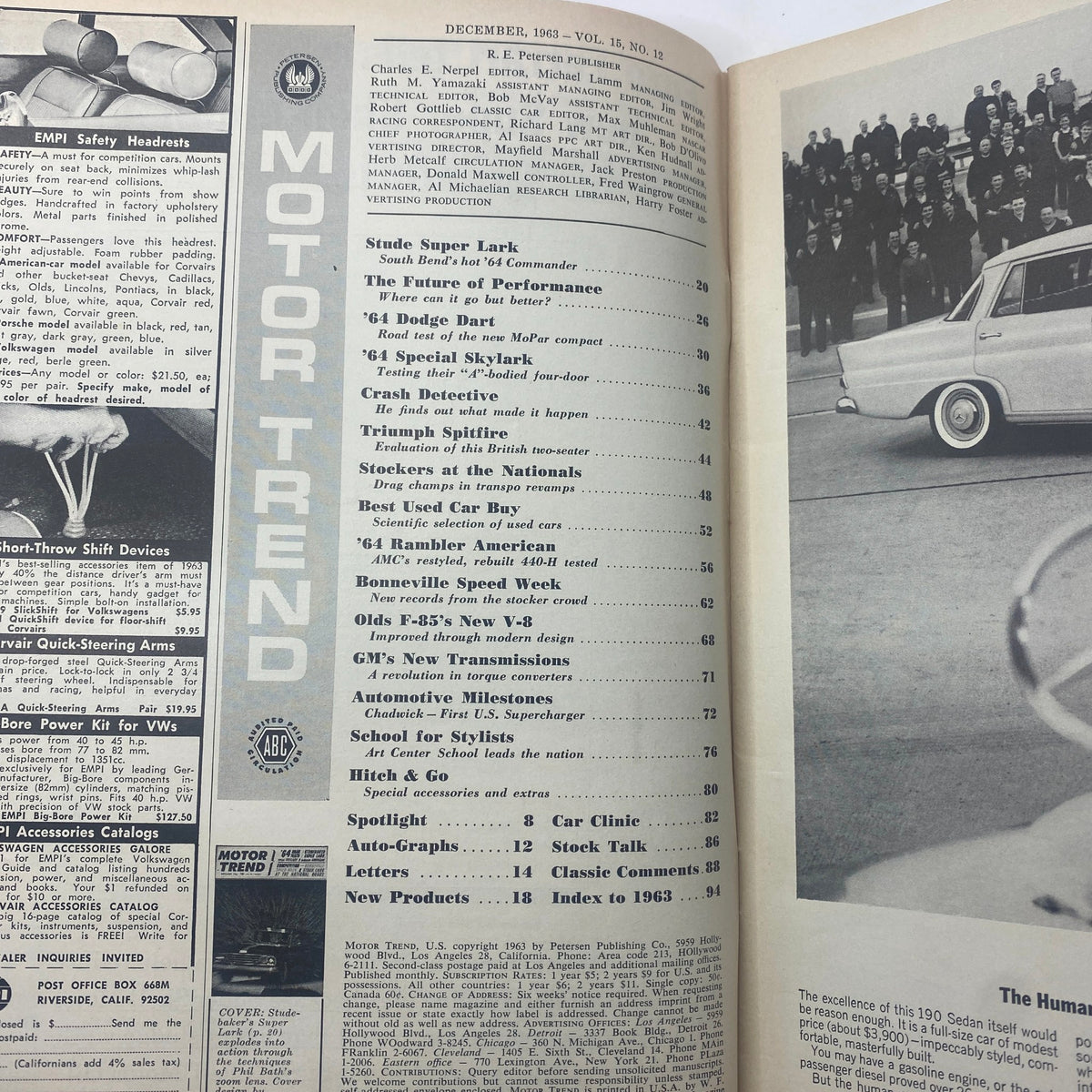 Interior page of VTG Motor Trend Magazine December 1963 displaying the table of contents, listing notable articles and features including Bonneville Speed Week and various automotive tests.