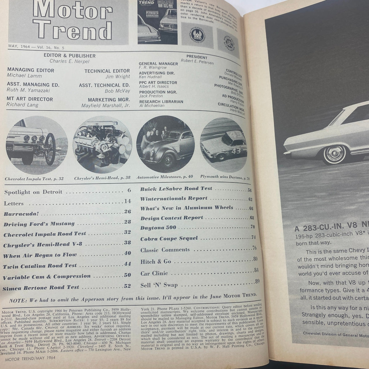Interior page of VTG Motor Trend Magazine May 1964 containing editorial details and car test listings, reflecting automotive journalism from the 1960s.
