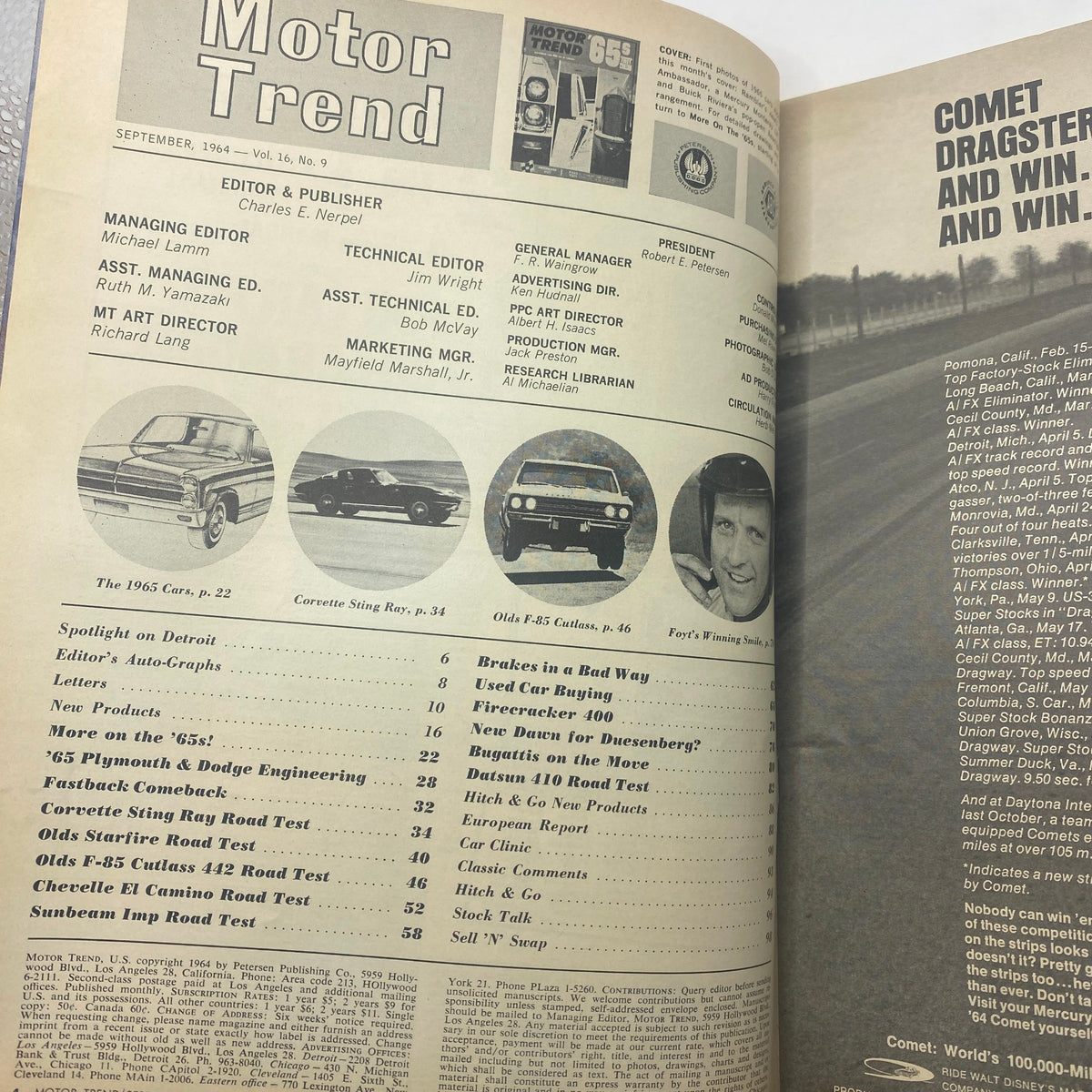 Inside page of VTG Motor Trend Magazine September 1964, displaying the index and feature articles, including a review of the Olds F-85 Cutlass 442.