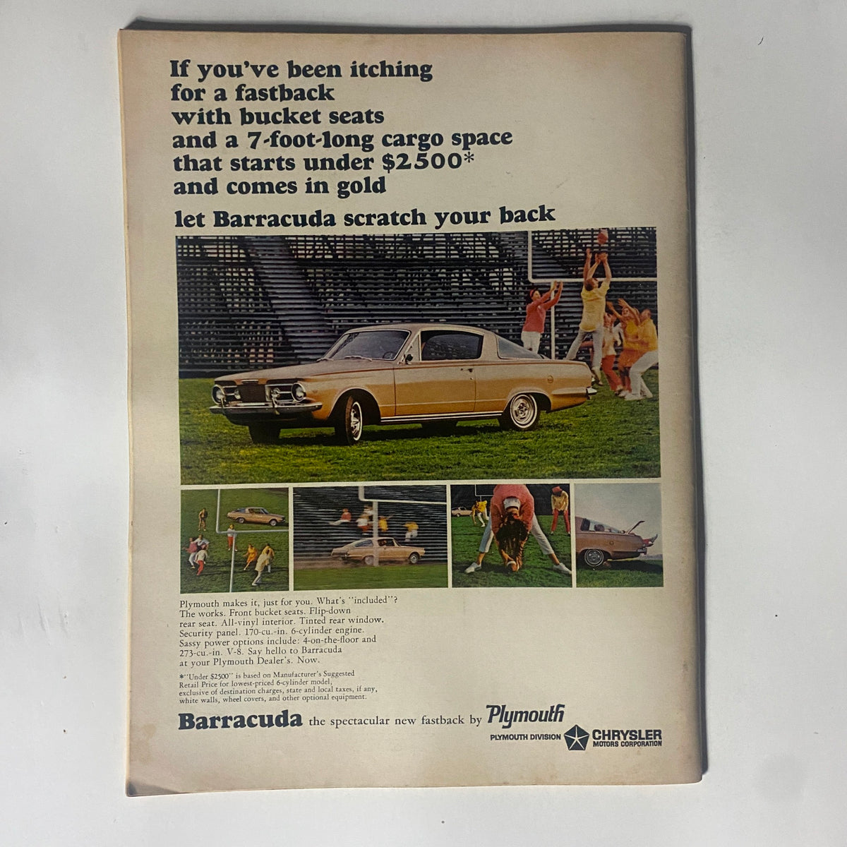 Advertisement from VTG Motor Trend Magazine September 1964 promoting the Plymouth Barracuda, highlighting its features and pricing in the context of 1960s automobile market.