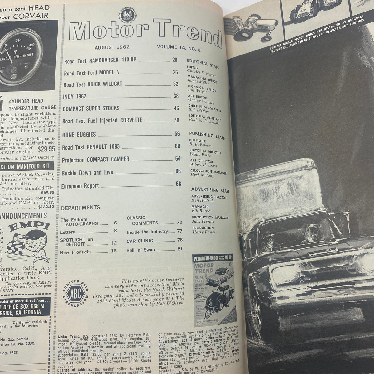 Interior page of VTG Motor Trend Magazine August 1962 featuring the table of contents, highlighting articles on car models and the Indianapolis 500.
