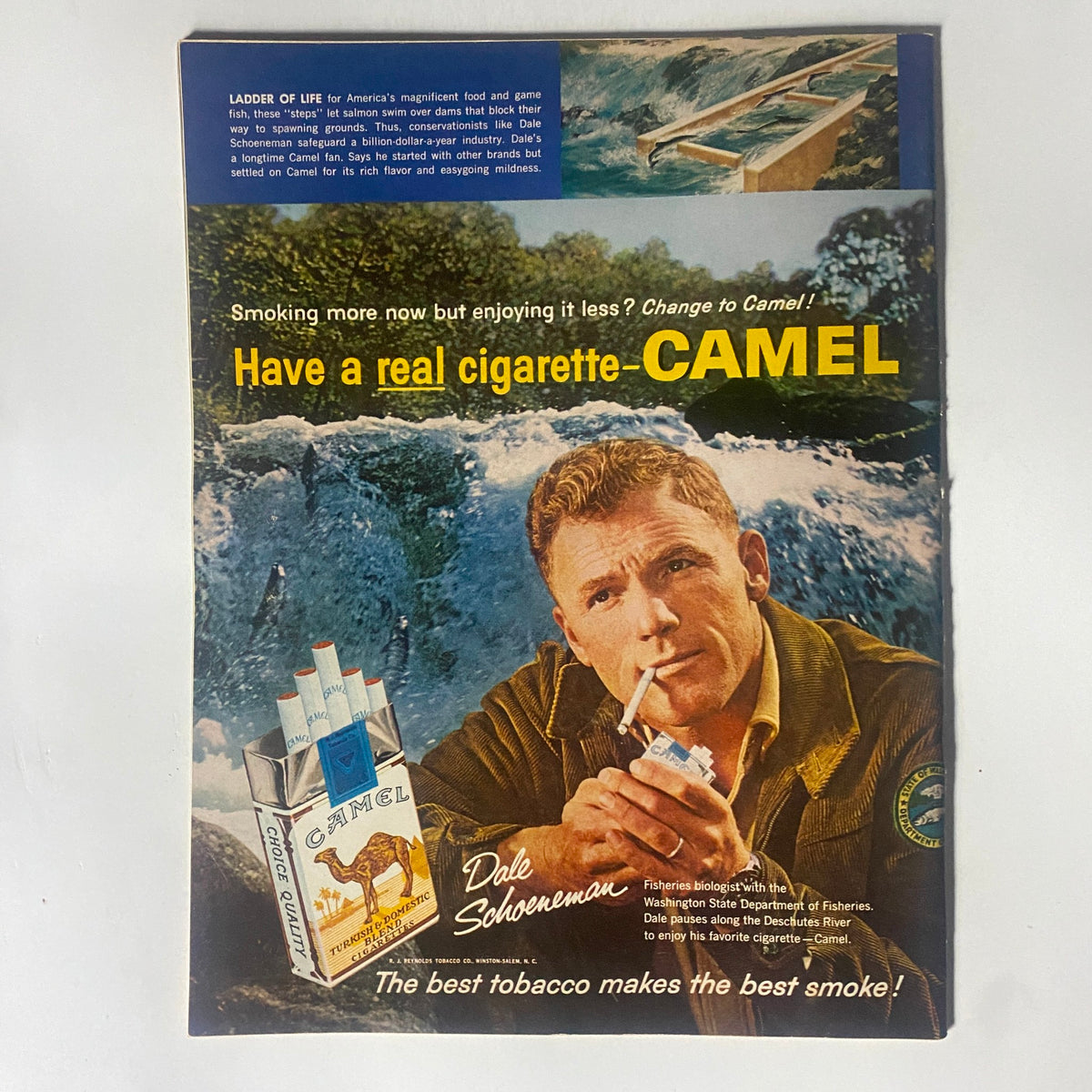 Cover of vintage advertisement for Camel cigarettes from the 1960s, featuring a fisherman and a pack of Camel cigarettes with the slogan "Have a real cigarette - CAMEL."