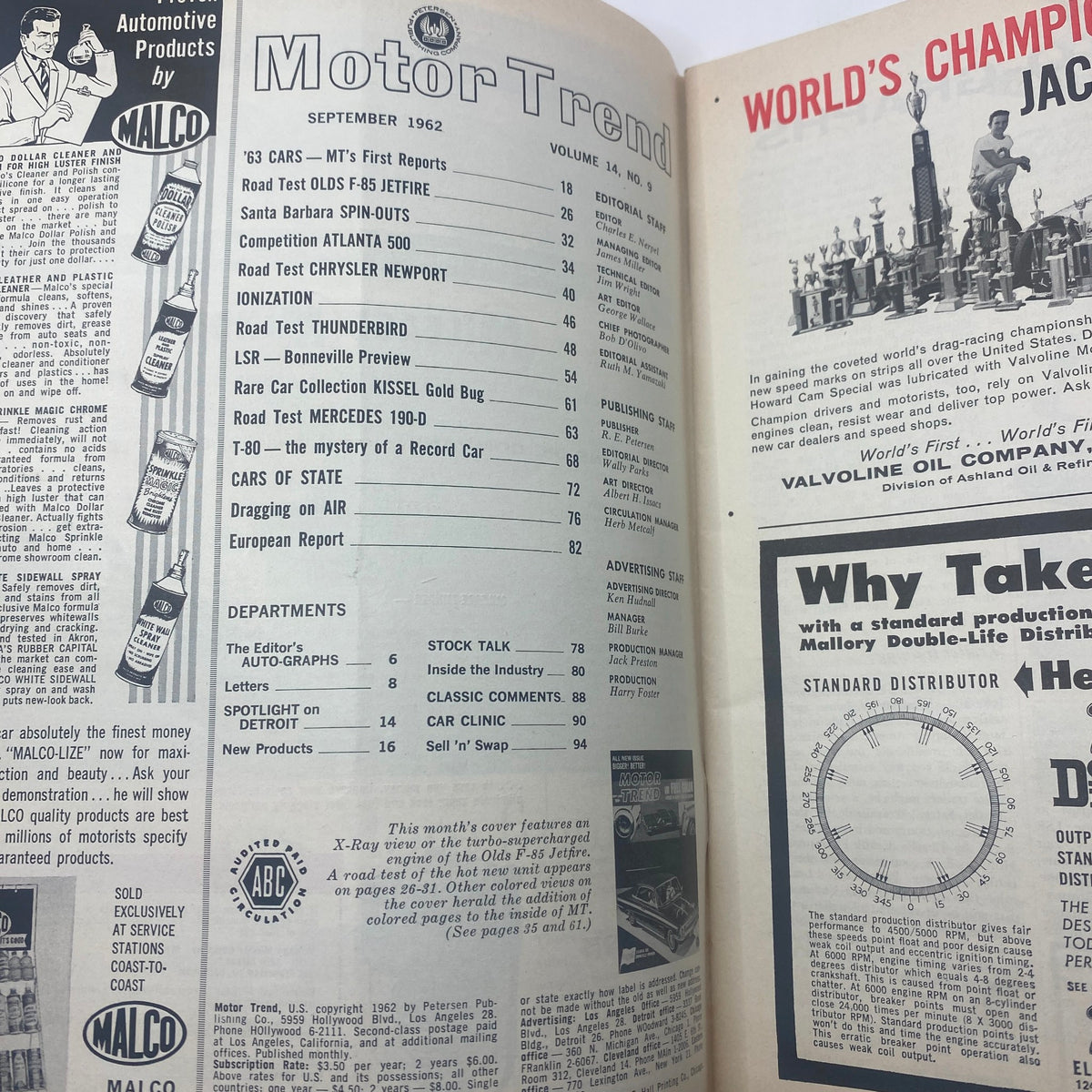 Inside page of Vintage Motor Trend Magazine, September 1962, featuring contents list including Jetfire Old F-85 road test.