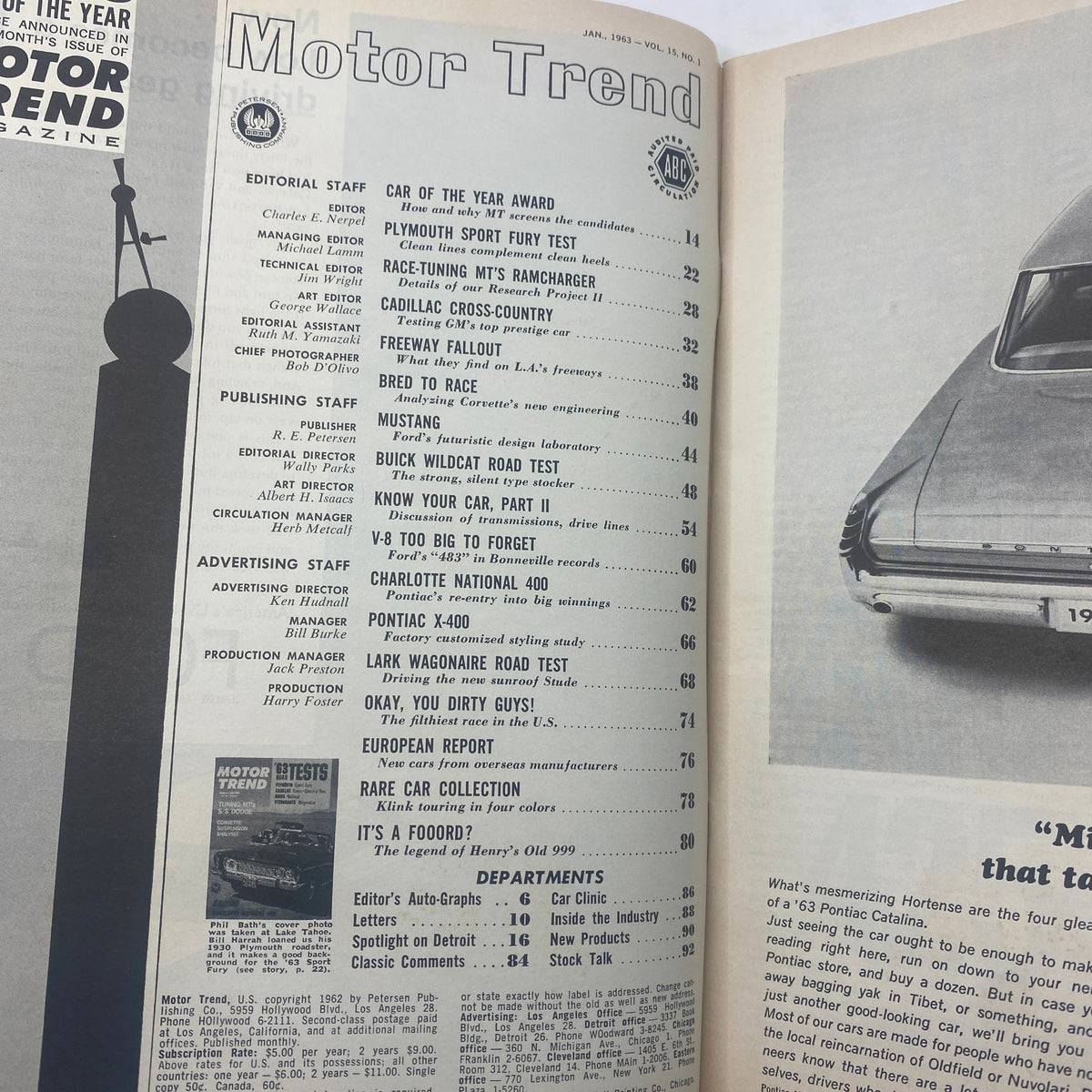 Interior page of the January 1963 Motor Trend magazine, showcasing the editorial staff and articles including 'Charlotte National 400', highlighting key content relevant to classic car enthusiasts.