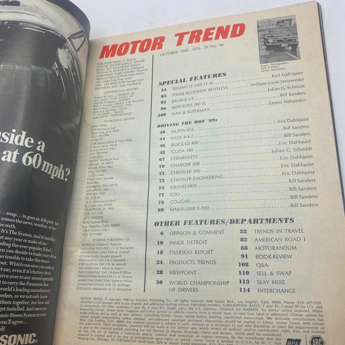 Table of contents page from Motor Trend Magazine October 1968, listing articles on muscle cars and automotive insights. VTG Motor Trend Magazine October 1968 First Full Road Test Mopar 340 No Label.