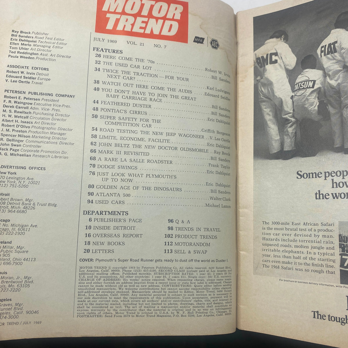 Table of contents from Motor Trend Magazine July 1969 highlighting features and articles including the used car lot and the Road Runner.