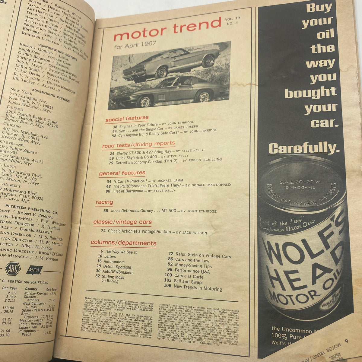 Interior page of VTG Motor Trend Magazine April 1967, listing features and articles including Shelby's GT-500 and 427 Sting Ray.