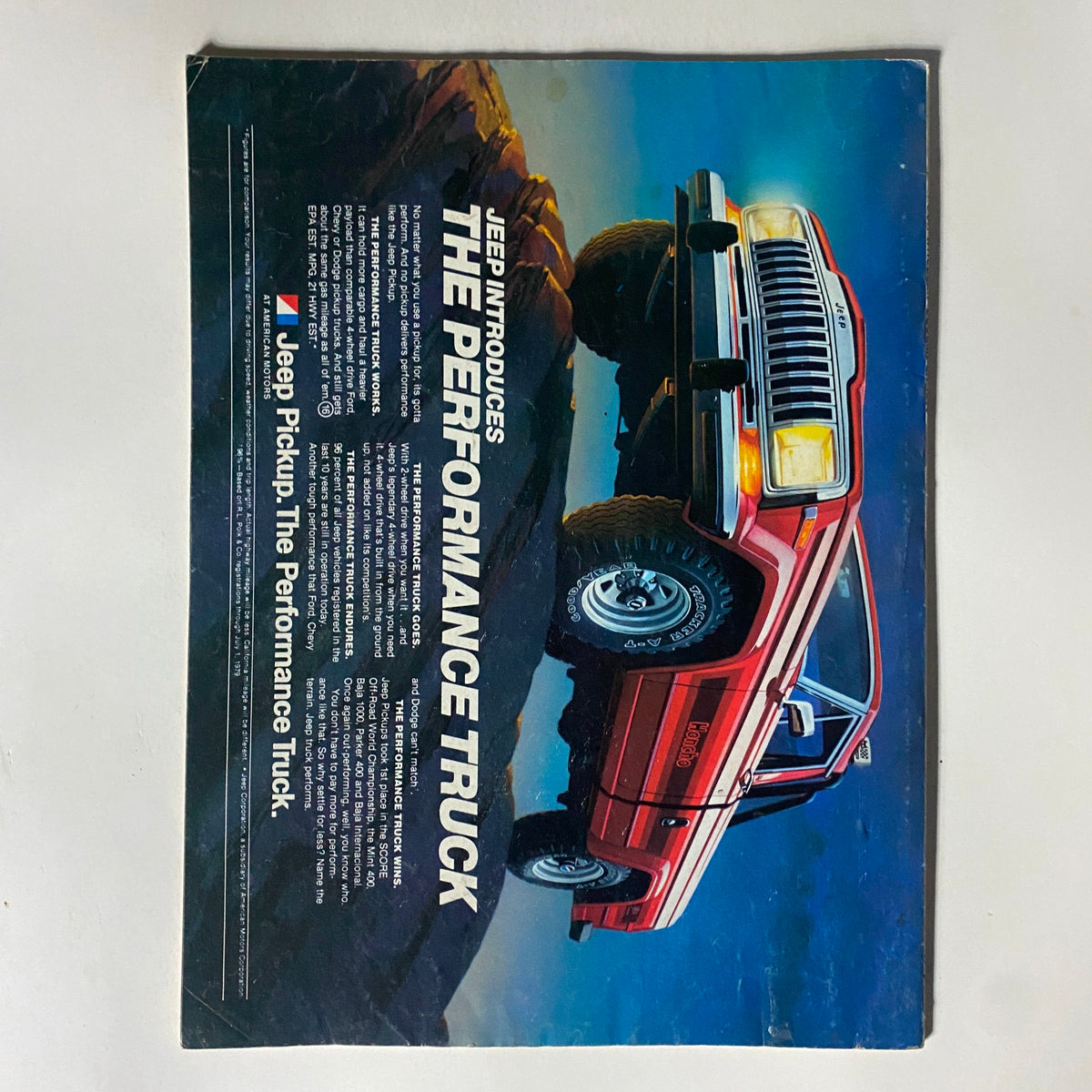Back cover of VTG Four Wheeler Magazine December 1980 featuring a promotional image for Jeep Pickup, highlighting its performance and rugged design.