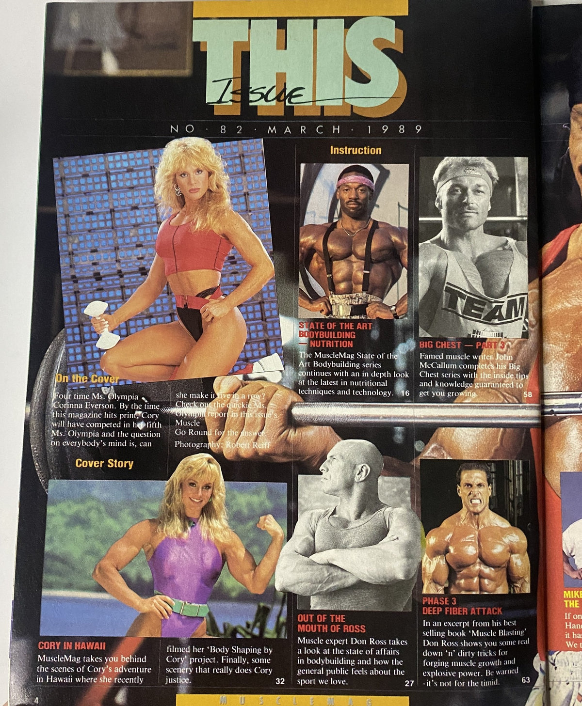 Inside page of MuscleMag International Magazine March 1989, No. 82 showcasing Corinna Everson's cover story and highlighting bodybuilding topics and tips.