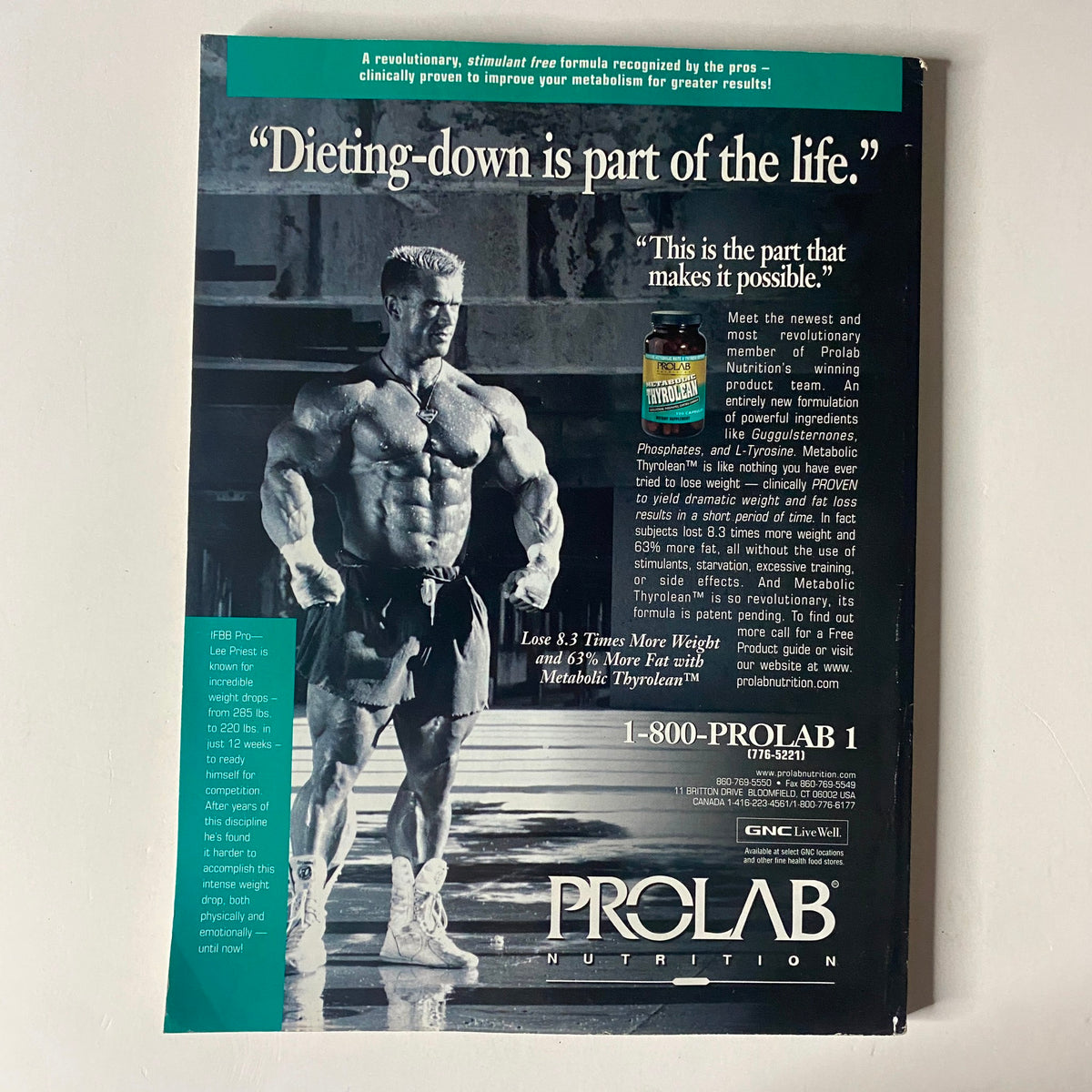 Back cover of MuscleMag International Magazine August 1999 No. 206 with an advertisement for ProLab Nutrition highlighting dieting and bodybuilding.